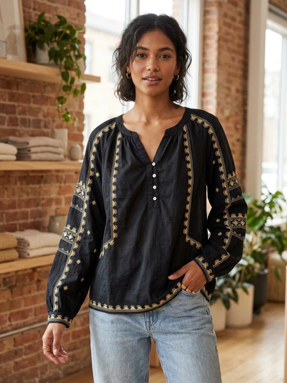 Pure Jill Black Embroidered Boho Tunic Yellow Embroidered Accents large tall